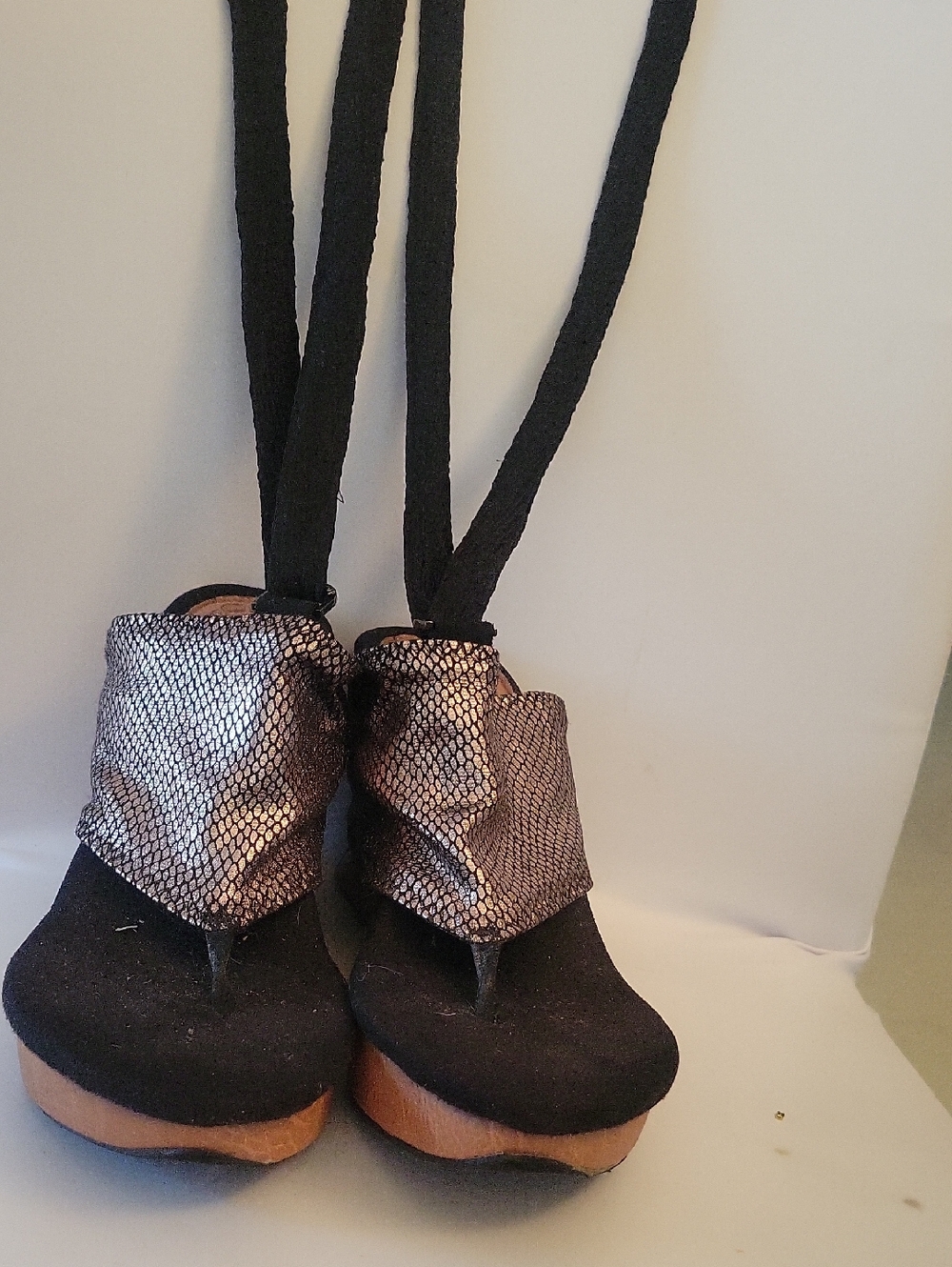 Black and Rose Gold Platform Sandals with Ankle Wrap